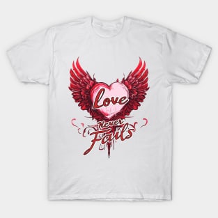 Red Love Never Fails T-Shirt - Vintage Winged Heart Painting T-Shirt